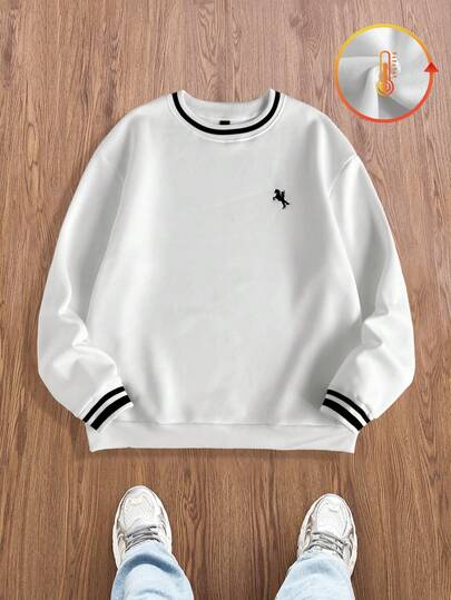 SWAVVY Men's Standard Size Casual Pullover Sweatshirt, Round Neck, Contrast Color Cuffs And Collar, Fall, Winter