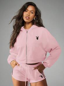Missguided x Playboy Sudadera con capucha clásica con logotipo de guión retro, longitud acortada, mangas abultadas, ropa de estar en casa y ocio para otoño e invierno, cómoda y casual, moda moderna - Rosa - Ver 2