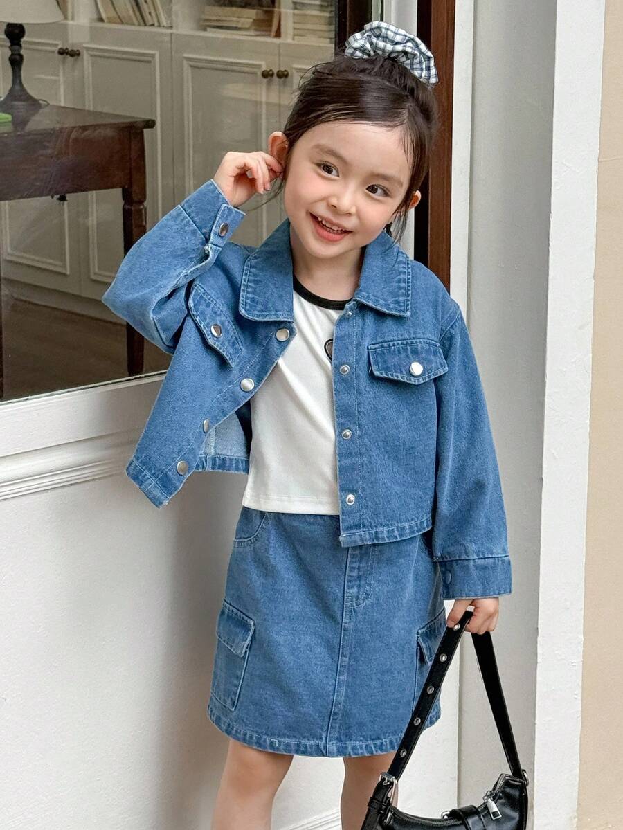 Genkimix Kids 3pcs/Set Young Girl Autumn School Back-To-School Outfit,Patchwork Heart Embroidered Vest,Denim Jacket,Casual Skirt,Fashion Street Style Fall Winter - Blue - View 1