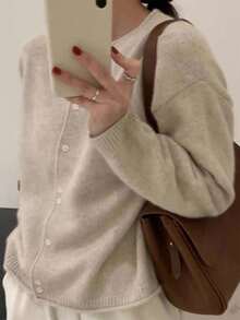 INAWLY Women Loose Casual Solid Color Open Front Cardigan, Spring And Autumn,Ladies Spring/Fall Casual Button Drop Shoulder Round Neck Regular Fit Apricot Plain Women Cardigans,Casual Daily Wear