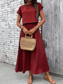 EMERY ROSE Women's Solid Color Round Neck Short Sleeve Casual Loose Top And Skirt 2-Piece Set - Burgundy - View 6