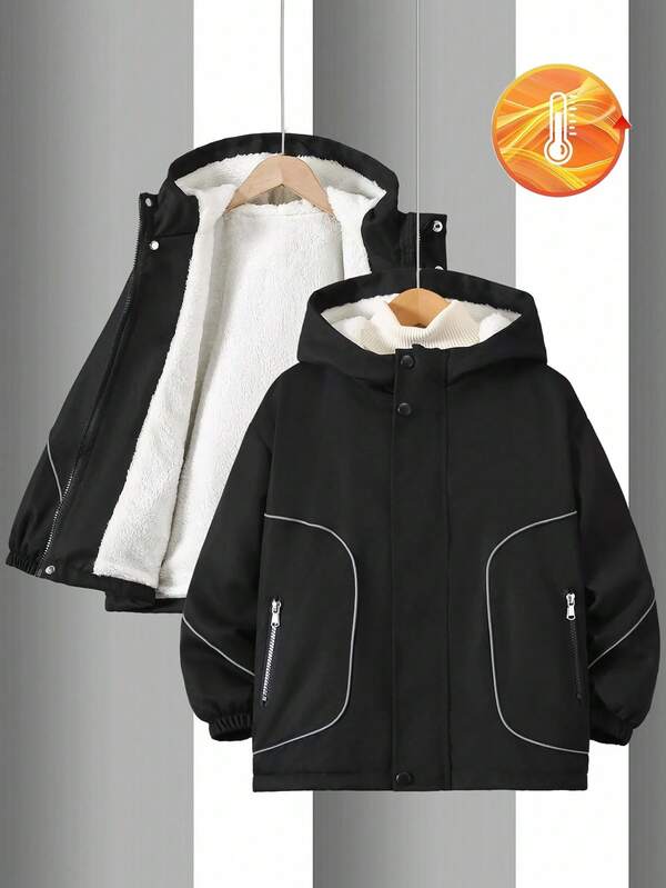 1pc Boys' Casual Fleece Jacket With Reflective Drawstring Decor, Suitable For Outdoor, Autumn/Winter Vacation