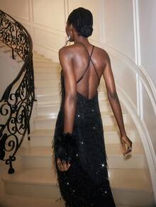 Maija 圣诞派对季吊带流苏亮片女式连衣裙 - 黑色 - 查看 8