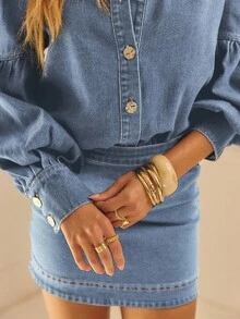 Aralina Indigo Denim Puff Sleeve Button Up Casual Western Blouse - Light Wash - View 5