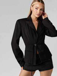 MISSGUIDED Damen Blazer Professionelle Geschäfts Formelle Bürokleidung Gürtel Langarm Tailliert Winter Slim Fit Maßgeschneidert Einzelner Knopf Revers Kragen Stilvolle Abendmode - Schwarz - Übersicht 1
