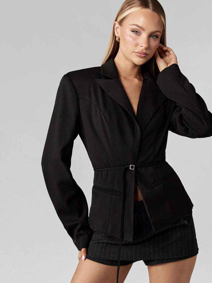 MISSGUIDED Damen Blazer Professionelle Geschäfts Formelle Bürokleidung Gürtel Langarm Tailliert Winter Slim Fit Maßgeschneidert Einzelner Knopf Revers Kragen Stilvolle Abendmode - Schwarz - Übersicht 1