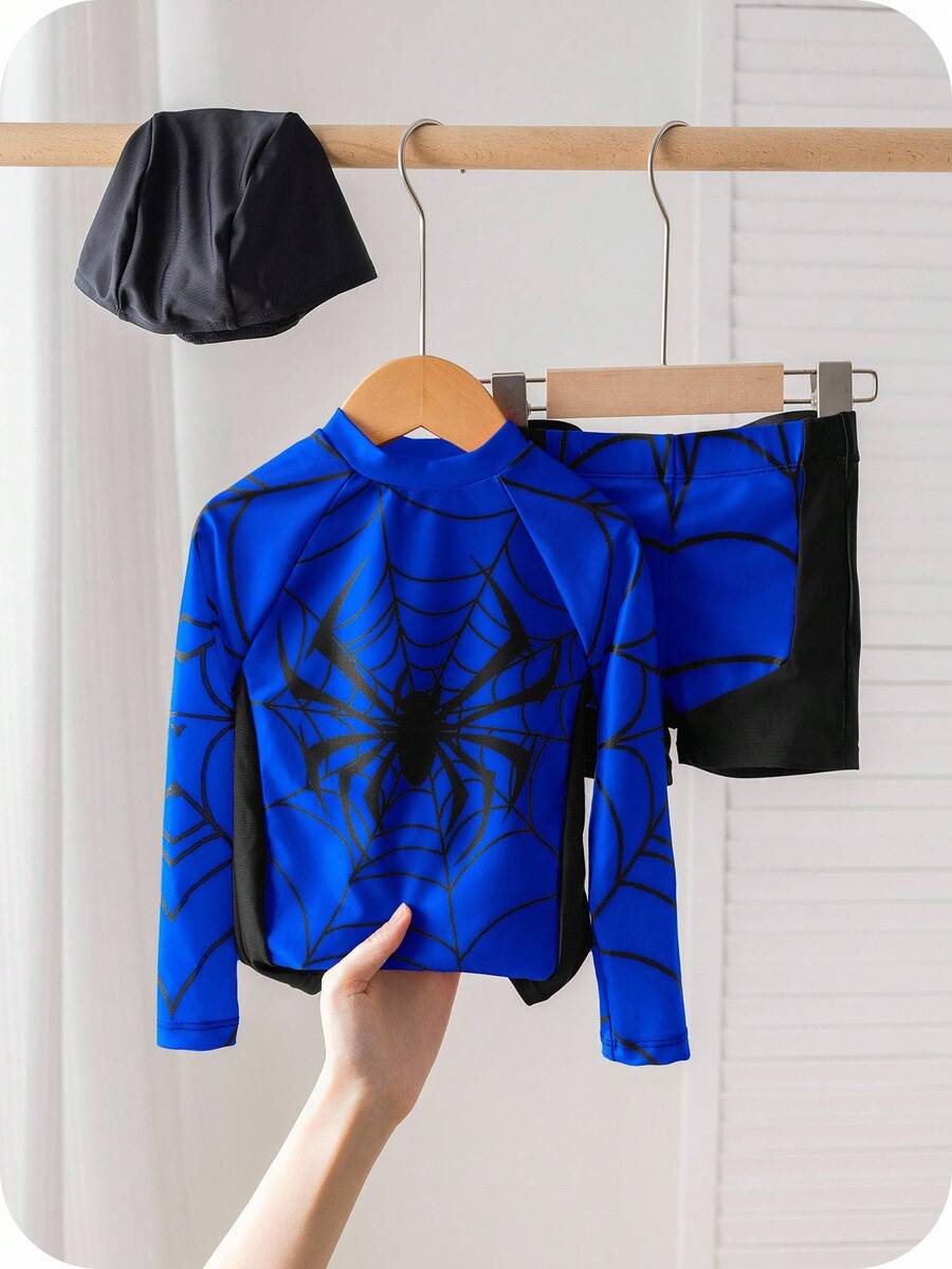 SHEIN 3pcs/Set Baju Renang Anak Laki-Laki Motif Laba-laba & Superhero Lucu Lengan Panjang, Celana Pendek, dan Topi, Cocok untuk Musim Panas, Pantai, Rekreasi, Berenang, Musim Semi