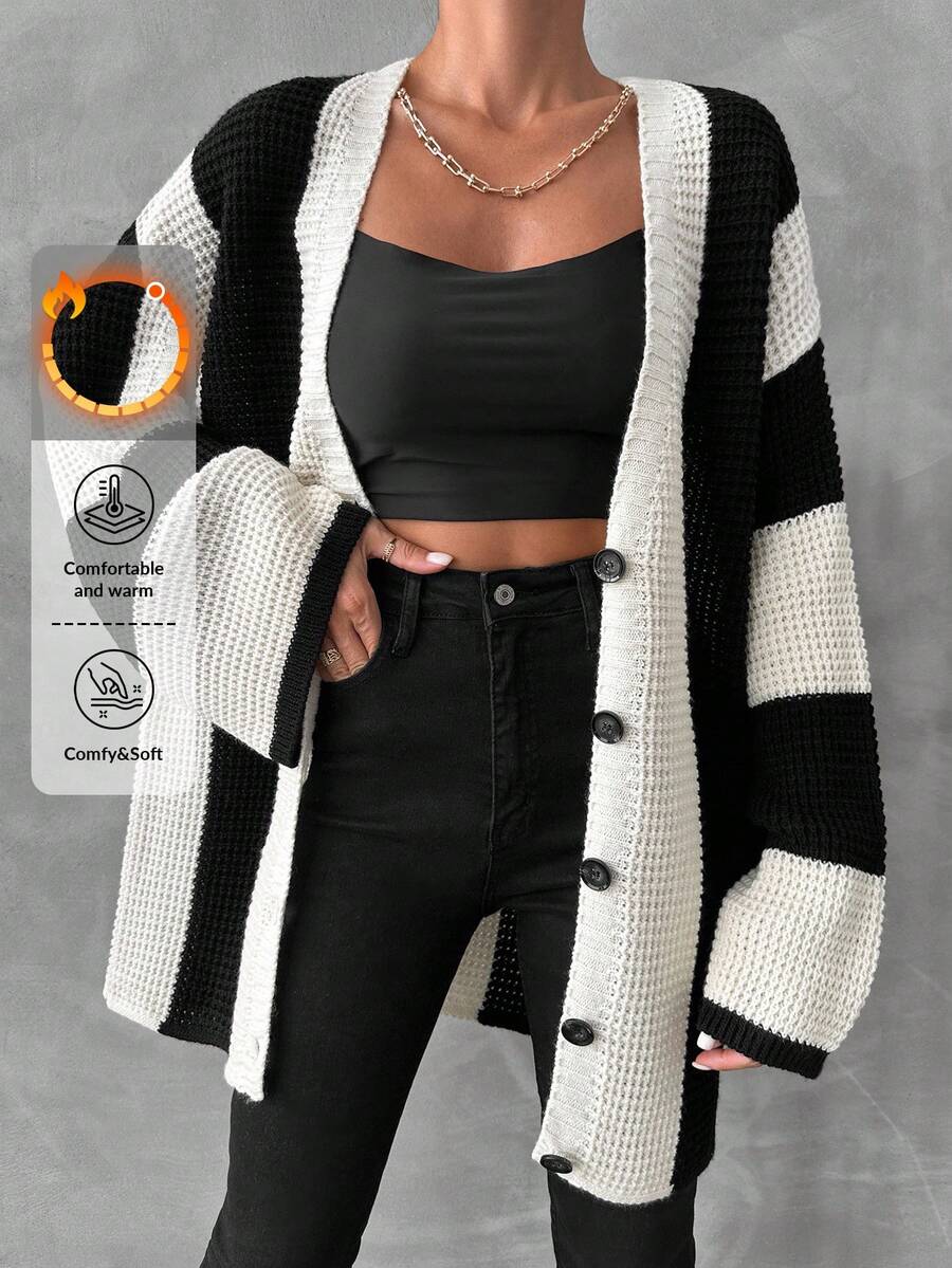 EURMUSE Two Tone Drop Shoulder Button Front Cardigan - Black and White - View 1