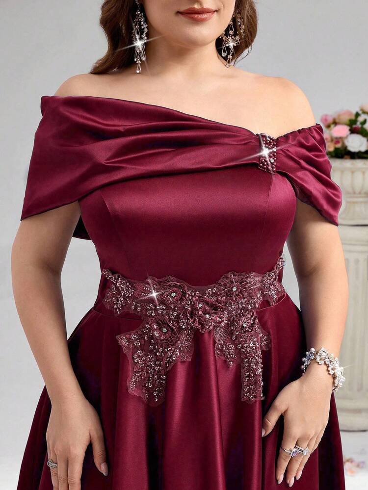 Coutiva Vestido elegante de hombros descubiertos con diseño de aplicaciones y falda de baile de satén de vuelo ancho, adecuado para fiesta de cumpleaños, ceremonia de graduación, invitado de boda, fiesta de regreso a clases, Día de San Valentín - Burdeos - Añade 5