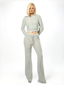 SUMWON WOMEN Waffle Knit Flare Pants With Drawstring Waist And Contrast Trim For Casual Loungewear - Grey - View 4