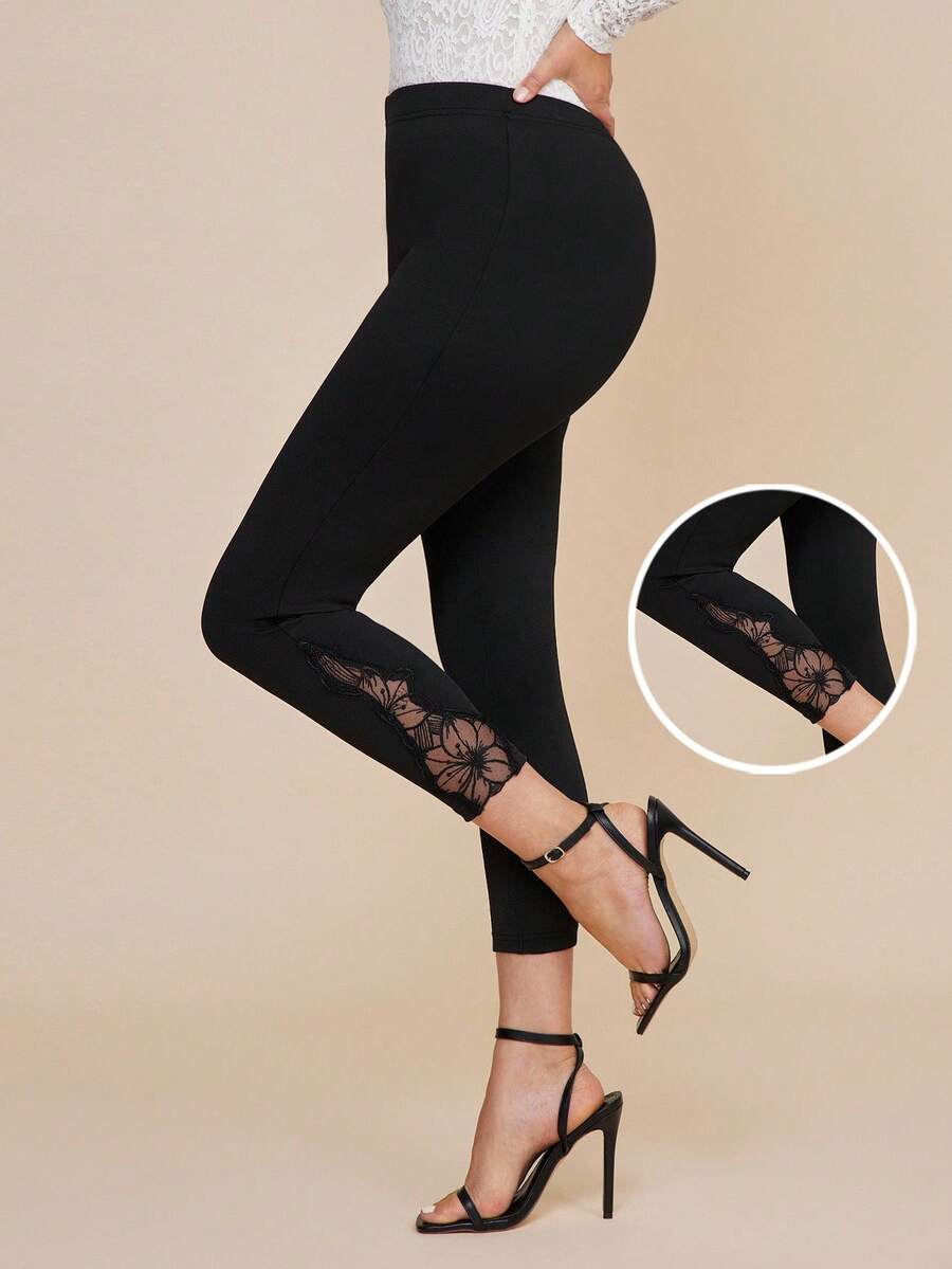 Amorya Quần legging ren viền loe dệt kim thanh lịch ôm vừa vặn cho nữ - màu đen - Xem 1