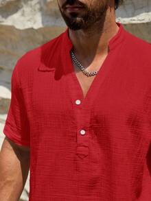 HIMLAND Men's Loose Solid Color Notch Collar Button Casual Short Sleeve Shirt Men Linen Shirts Men Summer Button Shirts Short Sleeve Men Shirt Big And Tall Men Henley Shirts Men Summer Top