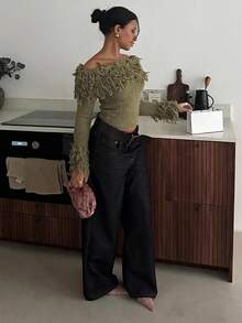 Siren Gaze Autumn/Winter New Distressed Off-Shoulder Fringe Sweater For Women,Christmas Sweater Chic Green Casual Spring - Green - View 8