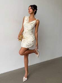 Siren Gaze Women's Autumn Fall Clothes For Women Cream Sequin Draped Neck Sleeveless Elegant Dress, 2025 New Winter Sparkly Beaded Gold Floral Party Prom Wedding Guest Dress, Old Money Luxury Style With Gold Metal Buckle, Ideal For Commute, Date & Streetwear Summer - Multicolor - View 1