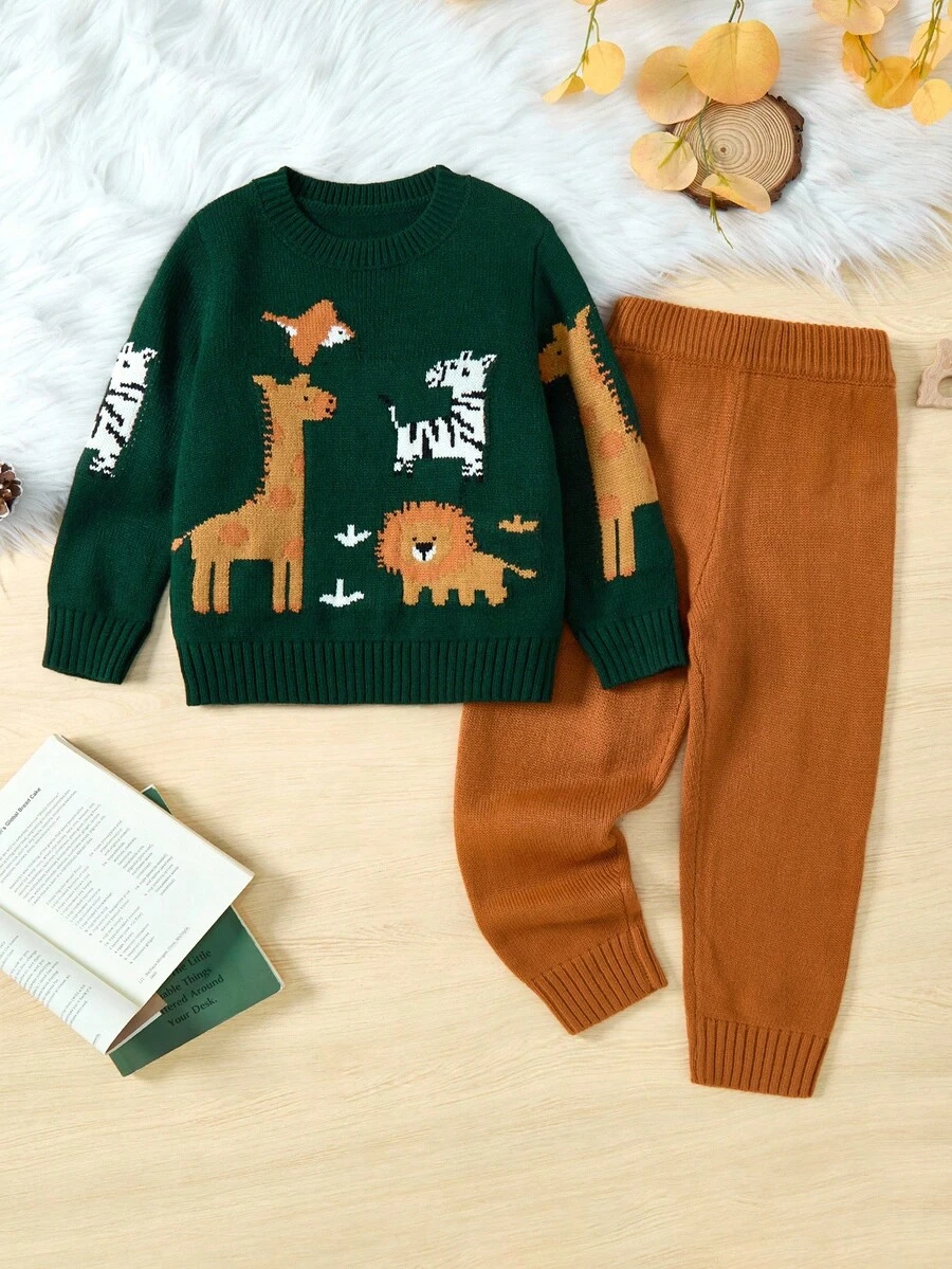 SHEIN Conjunto de 2 piezas de suéter holgado con estampado de animales lindo y pantalones casuales para niños pequeños, con tejido jacquard grueso, adecuado para el hogar, exterior y la escuela, otoño/invierno - Multicolor - Ver 1