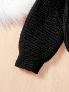 SHEIN Elladie kids Tween Girl Puff Sleeve Crew Neck Solid Color Casual All-Match Sweater Cardigan School Holiday Gathering Outing Travel Autumn Winter Black Button - Black - View 6