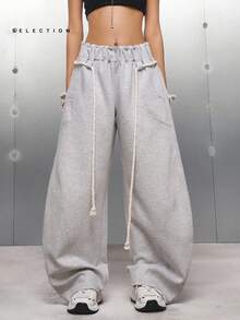 LYSMO 女式松紧腰口袋阔腿宽松休闲运动裤 - 淺灰色 - 查看 1