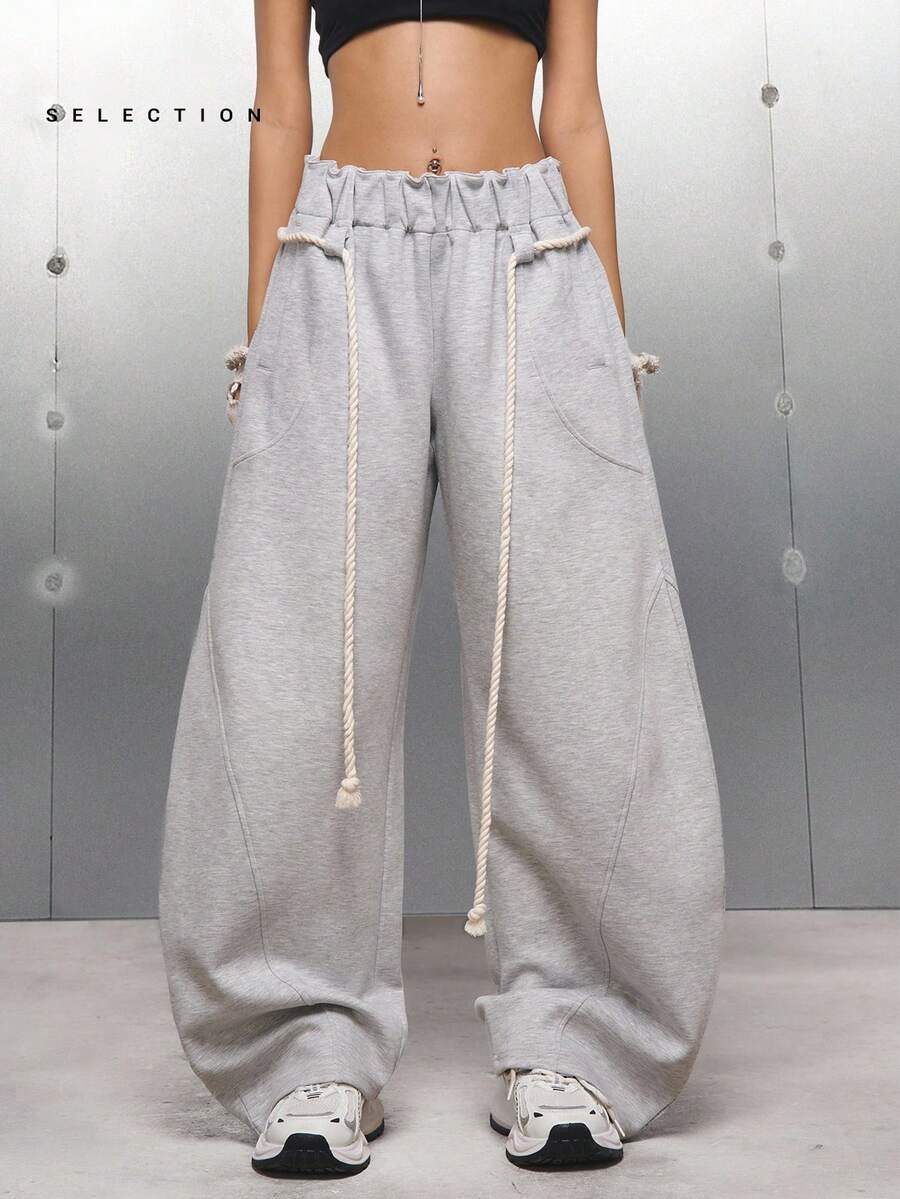 LYSMO 女式松紧腰口袋阔腿宽松休闲运动裤 - 淺灰色 - 查看 1