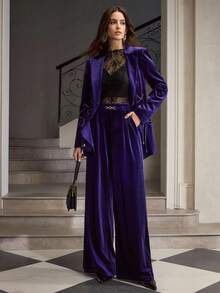 ZEYLAH 女士优雅水钻链条腰带天鹅绒阔腿西装裤，秋冬 - 紫色 - 查看 1