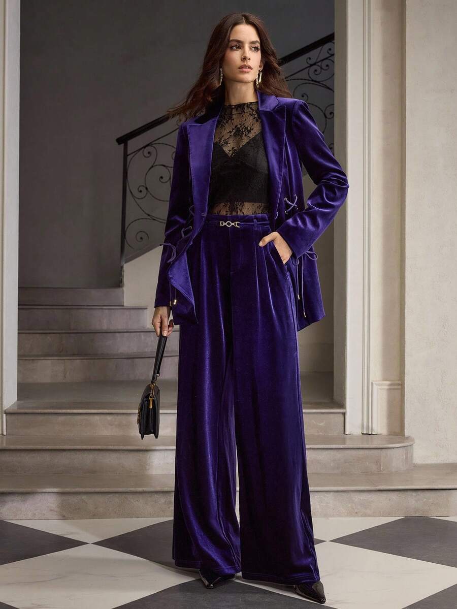 ZEYLAH 女士优雅水钻链条腰带天鹅绒阔腿西装裤，秋冬 - 紫色 - 查看 1