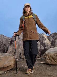 In My Nature Jaket Hujan Luar Ruangan Wanita Lengan Panjang dengan Resleting Depan dan Tudung, Warna Kontras - Coklat - View 7