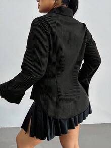 POPSWAY Áo sơ mi dài tay kẻ sọc cỡ lớn - màu đen - Xem 2