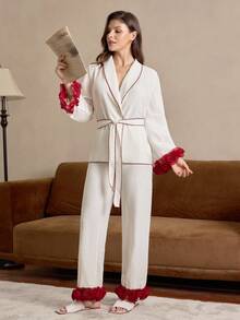 SHEIN Contrast Color Ruffle Trim Long Sleeve Belted Top & Long Pants Women Pajama Set, Fall Winter Clothes Cozy And Elegant Details - Apricot - View 4