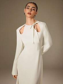 NOVVYNE Vestido longo feminino elegante e detalhado com amarração, primavera/outono