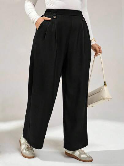 Auralis Plus Size Women's Autumn And Winter Fashion Casual Loose Comfortable Daily Basic Versatile Slim Dark Blue Elastic Waist Wide Leg Pants,Women Bottom,Work Pants,Fall Outfits,Baggy Pants Loose Pants Wide Pants Pleated Pants