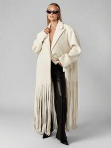 MISSGUIDED Áo khoác mùa đông dáng rộng cho nữ, dài ngang gối, có chi tiết tua rua, kiểu dáng maxi, thanh lịch, nổi bật cho buổi tối, sang trọng, thời thượng, thuộc bộ sưu tập Thu Đông. - Màu be - Xem 1