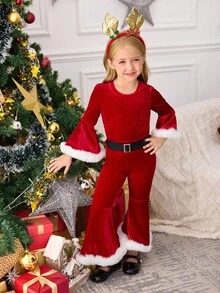 SHEIN Set de 2 piezas de camiseta de cuello redondo de punto de unicolor y leggings para niña joven