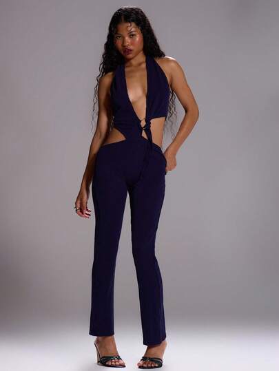 MUSERA Mono de punto acanalado con escote en uve, detalle de anillo, sexy para salir, elegante para otoño, invierno, fiesta distópica, Navidad