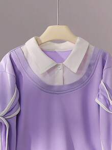 Sparklyn Girls Purple Round Neck Ribbed Cuff & Hem Design White Woven Fabric 2 In 1 Bowknot Collar Elastic Waist Wide Leg Pants 2 Pieces Set, Autumn/Winter Fall - Purple - View 8