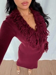 Islaluna 女士性感时尚毛茸茸领口系带优雅毛衣裙 - 酒紅色 - 查看 7