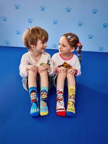 SHEIN | PAW Patrol 4 双棉质柔软透气吸湿排汗儿童男童中筒袜彩色可爱卡通中筒袜加固脚趾和脚跟，经久耐用男女通用适合男孩和女孩所有季节百搭学校和户外夏季冬季、狗、骑手、追逐、废墟 - 彩色 - 查看 8