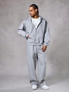 DAZY Gothic Pattern Embroidered Gray Cropped Hooded Sweatshirt Sweatshirt Set For Men, Autumn - Grey - View 3