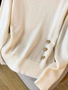 GlowEve Women's Fashionable Crew Neck Long Sleeve Knit Sweater Top With Metal Button Decor - Multicolor - View 4