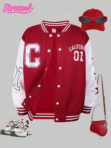 SHEIN Streecool Kids Streecool Tween Girl Girls Casual Comfortable Fashionable Design Daily Versatile Graphic Letter & Number Bomber Jacket, Autumn/Winter Fall