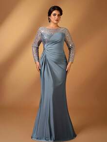 Serin Plus Size Elegant Luxury Beaded & Sequin Embellished Ruched Mermaid Hem Satin Gown, Suitable For Wedding Event, Bachelorette Party, Gala, Cocktail, Mother Of The Bride Dress