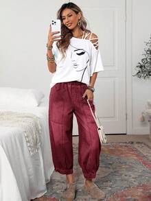 EMERY ROSE Quần jean denim cạp rút giặt cỡ lớn, thường ngày đi nghỉ - Đỏ - Xem 4