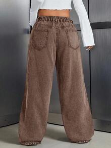 SHEIN Tall CURVE 大码休闲水洗复古阔腿牛仔裤 - 咖啡棕 - 查看 2