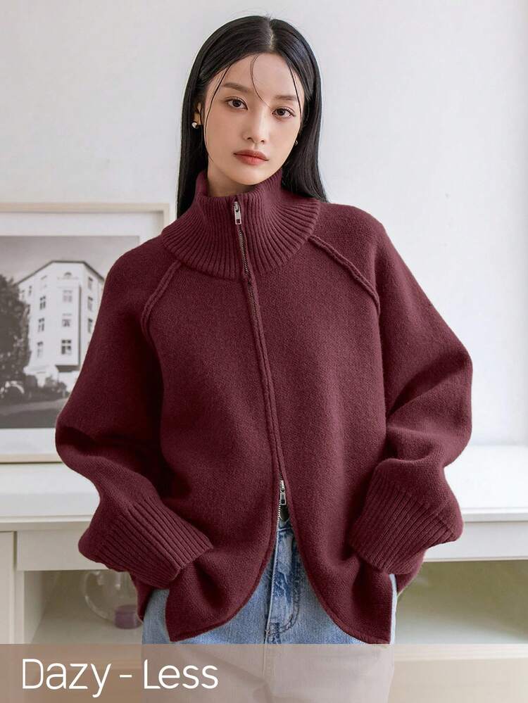 Women's Autumn/Winter Berry Red Solid Color Casual Business Loose Knit Cardigan Sweater, Suitable For Christmas And New Year