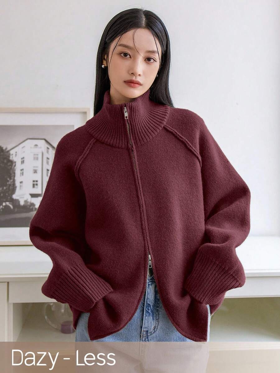 Dazy-Less Áo len cardigan dệt kim dáng rộng màu đỏ mận thời trang thu đông cho nữ, thích hợp cho dịp Giáng sinh và năm mới - Màu Đỏ Sâu - Xem 1