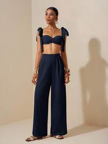 Zivah Women's Elegant Summer Holiday Vacation Navy Blue Two Pieces Set,Bowknot Shoulder Straps Chest-Wrapped Cropped Top And Wide-Leg Trousers,Textured - Navy Blue - View 4