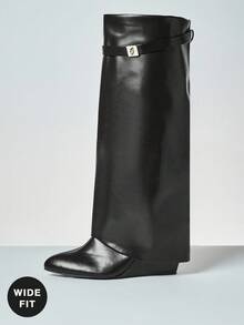 SHUZIA 女士宽筒过膝尖头坡跟靴，适合圣诞节和情人节穿着，宽楦设计 - 黑色 - 查看 5