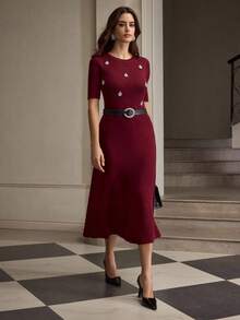 ZEYLAH 2pcs Set: Rhinestone Embellished Crew Neck Top & Skirt, Elegant Autumn/Winter - Burgundy - View 5