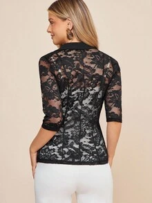 Amorya Áo khoác blazer mỏng phối ren trơn màu thanh lịch dành cho nữ mùa thu/đông - màu đen - Xem 2