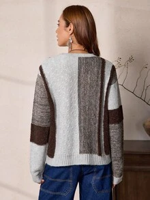 SHEIN LUNE Pull décontracté à col rond et épaules tombantes, blocs de couleurs, automne/hiver pour femmes - Gris - Voir 2
