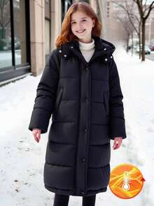 Sparklyn 女童羽绒服，休闲学院风，长袖长款带口袋连帽加厚外套，适合秋冬季外出穿着，可搭配裤子、运动裤、连衣裙、连帽衫、T恤、毛衣等。 - 黑色 - 查看 3