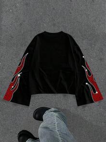 Manfinity Roghcode 男式 ZONE917 短款星空水钻眼睛和火焰图案印花黑色喇叭袖长袖 T 恤，秋季 - 彩色 - 查看 5